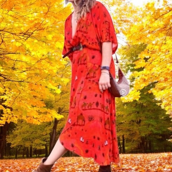 Anthropologie Dress Small Isabelle Feliu Karakum Fall Boho Dress Camel Desert - Picture 3 of 16